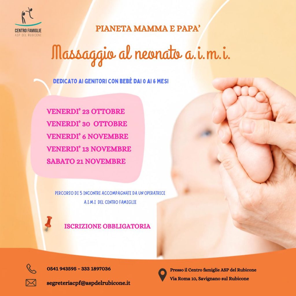 Locandina Massaggio al neonato a.i.m.i. 5 incontri ottobre novembre 2026